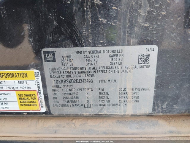 Auction sale of the 2014 Gmc Acadia Slt-2, vin: 1GKKRSKD2EJ343490, lot number: 45808123