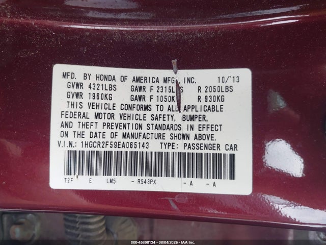 2014 Honda Accord Sport მანქანა იყიდება აუქციონზე, vin: 1HGCR2F59EA065143, აუქციონის ნომერი: 45808124