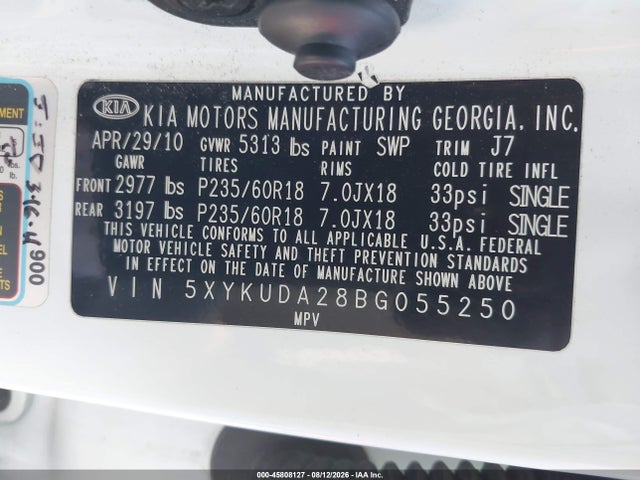 45808127 :رقم المزاد ، 5XYKUDA28BG055250 vin ، 2011 Kia Sorento Ex V6 مزاد بيع