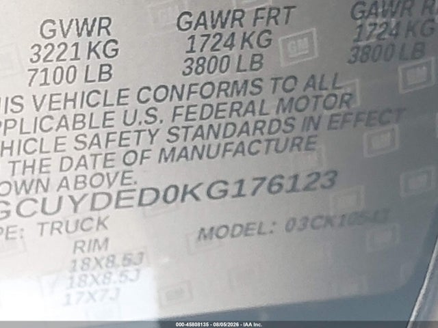 2019 Chevrolet Silverado 1500 Lt მანქანა იყიდება აუქციონზე, vin: 3GCUYDED0KG176123, აუქციონის ნომერი: 45808135