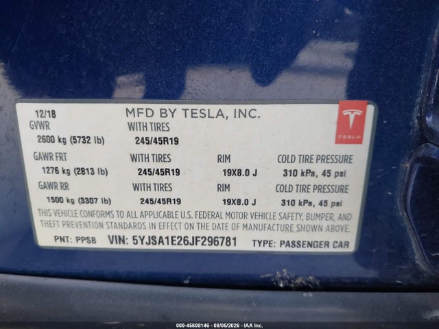 45808146 :رقم المزاد ، 5YJSA1E26JF296781 vin ، 2018 Tesla Model S 100d/75d/p100d مزاد بيع