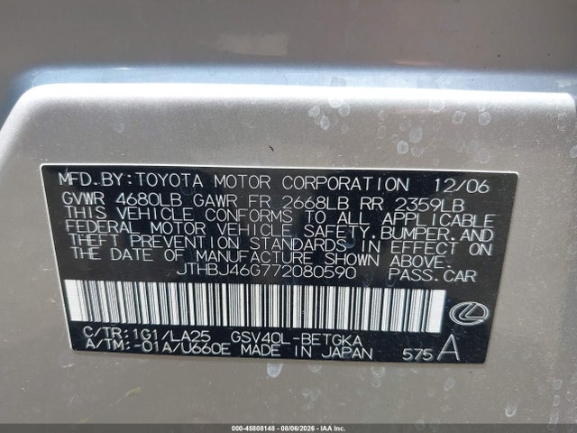 Aukcja sprzedaży 2007 Lexus Es 350, vin: JTHBJ46G772080590, numer aukcji: 45808148