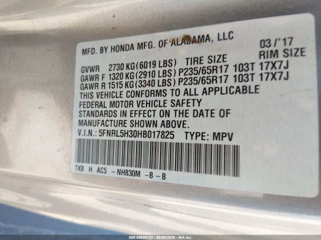 Honda ODYSSEY SE 2017 5FNRL5H30HB017825 Image 9