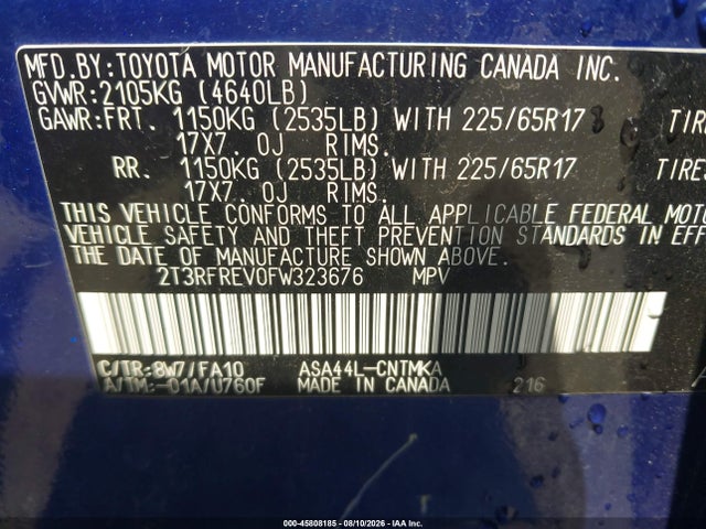 Aukcja sprzedaży 2015 Toyota Rav4 Xle, vin: 2T3RFREV0FW323676, numer aukcji: 45808185