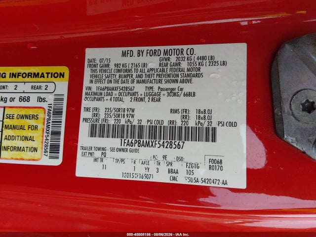45808186 :رقم المزاد ، 1FA6P8AMXF5428567 vin ، 2015 Ford Mustang V6 مزاد بيع