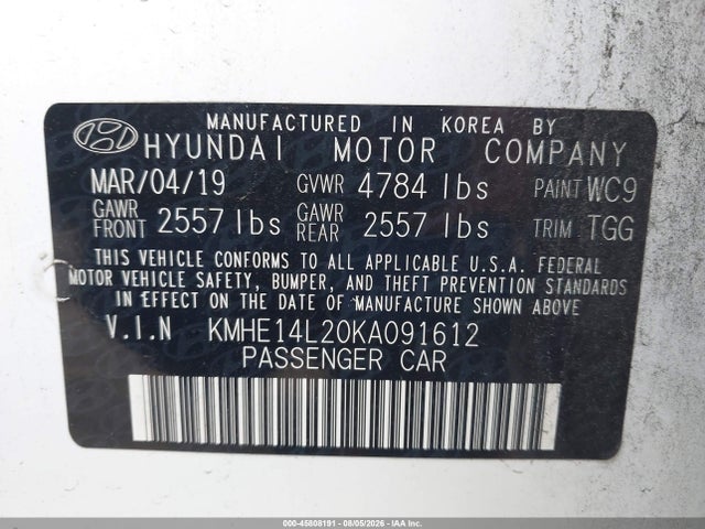 2019 Hyundai Sonata Plug-in Hybrid მანქანა იყიდება აუქციონზე, vin: KMHE14L20KA091612, აუქციონის ნომერი: 45808191
