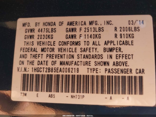 1HGCT2B85EA006219 Honda Accord Ex-l V-6