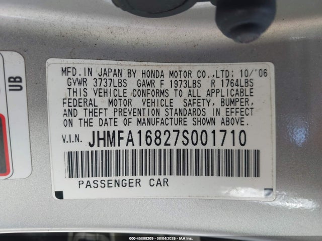 Aukcja sprzedaży 2007 Honda Civic Ex, vin: JHMFA16827S001710, numer aukcji: 45808209