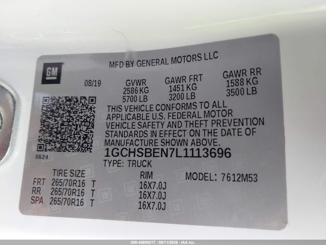 Продаж на аукціоні авто 2020 Chevrolet Colorado 2wd  Long Box Wt, vin: 1GCHSBEN7L1113696, номер лоту: 45808217