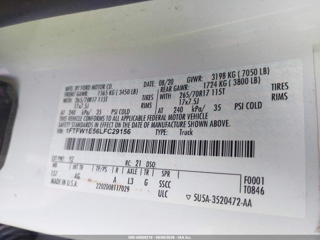 Продаж на аукціоні авто 2020 Ford F-150 Xl, vin: 1FTFW1E56LFC29156, номер лоту: 45808219