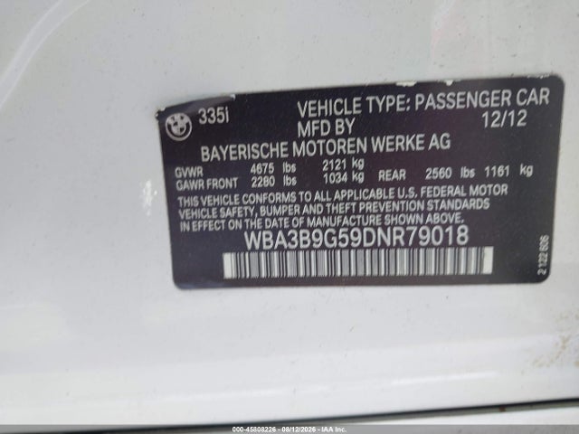Aukcja sprzedaży 2013 Bmw 335i Xdrive, vin: WBA3B9G59DNR79018, numer aukcji: 45808226