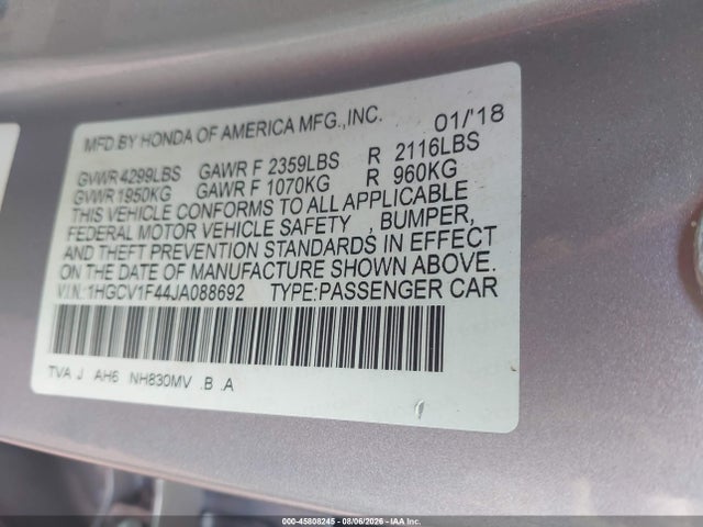 2018 Honda Accord Ex მანქანა იყიდება აუქციონზე, vin: 1HGCV1F44JA088692, აუქციონის ნომერი: 45808245