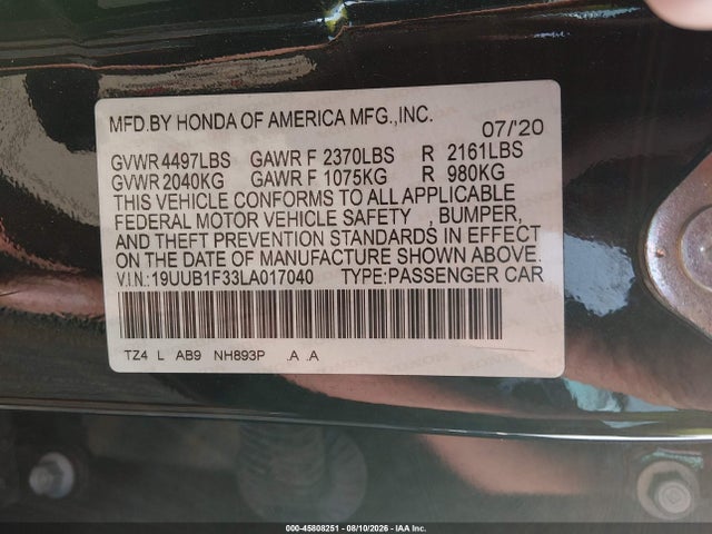 Aukcja sprzedaży 2020 Acura Tlx Standard, vin: 19UUB1F33LA017040, numer aukcji: 45808251