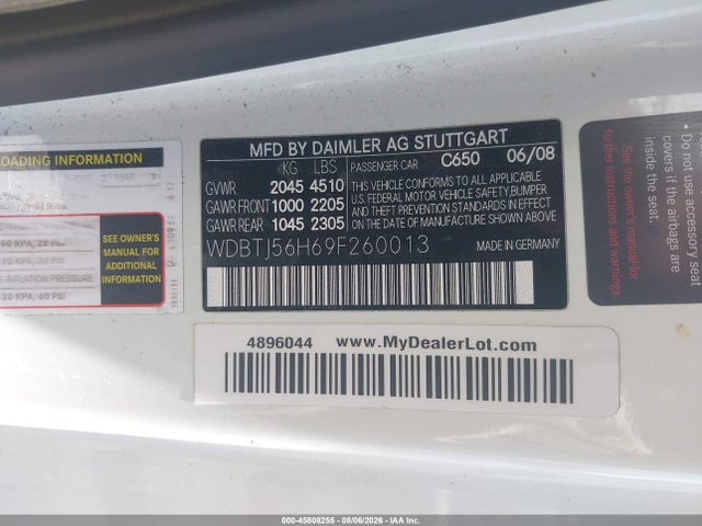45808255 :رقم المزاد ، WDBTJ56H69F260013 vin ، 2009 Mercedes-benz Clk 350 مزاد بيع