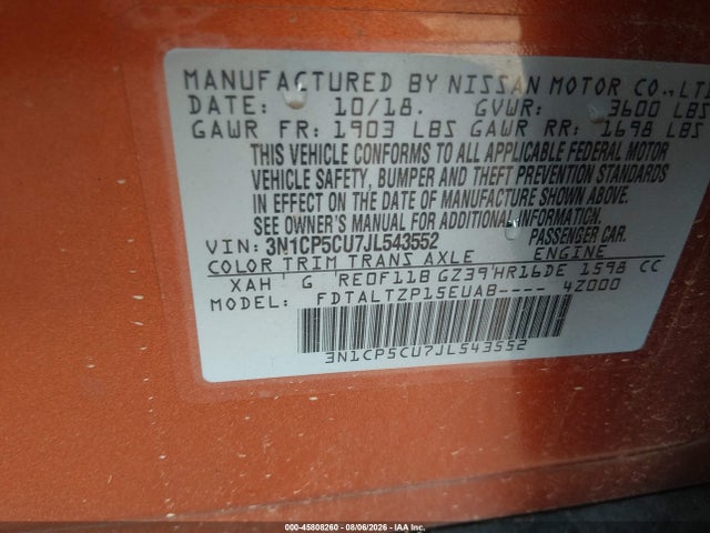Aukcja sprzedaży 2018 Nissan Kicks Sr, vin: 3N1CP5CU7JL543552, numer aukcji: 45808260