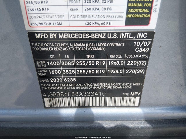 Продажа на аукционе авто 2008 Mercedes-benz Ml 350 4matic, vin: 4JGBB86E88A333410, номер лота: 45808261