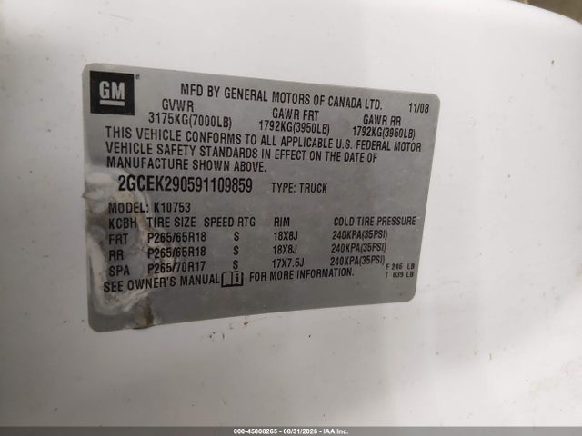 45808265 :رقم المزاد ، 2GCEK290591109859 vin ، 2009 Chevrolet Silverado 1500 Lt مزاد بيع