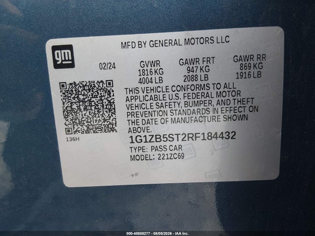 Aukcja sprzedaży 2024 Chevrolet Malibu Fwd Ls, vin: 1G1ZB5ST2RF184432, numer aukcji: 45808277