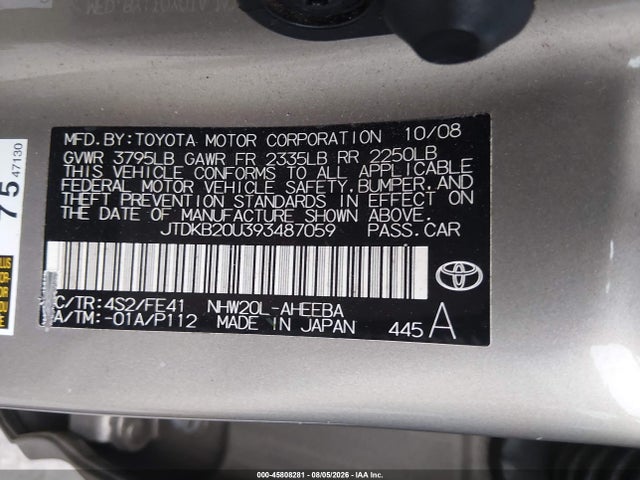Aukcja sprzedaży 2009 Toyota Prius, vin: JTDKB20U393487059, numer aukcji: 45808281