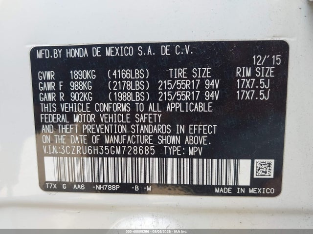 Honda HR-V LX 2016 3CZRU6H35GM728685 Image 9