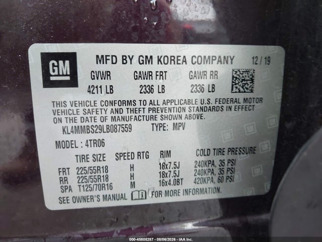 2020 Buick Encore Gx Fwd Preferred მანქანა იყიდება აუქციონზე, vin: KL4MMBS29LB087559, აუქციონის ნომერი: 45808287