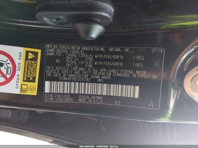 2014 Toyota Highlander Xle V6 მანქანა იყიდება აუქციონზე, vin: 5TDKKRFH6ES035182, აუქციონის ნომერი: 45808292