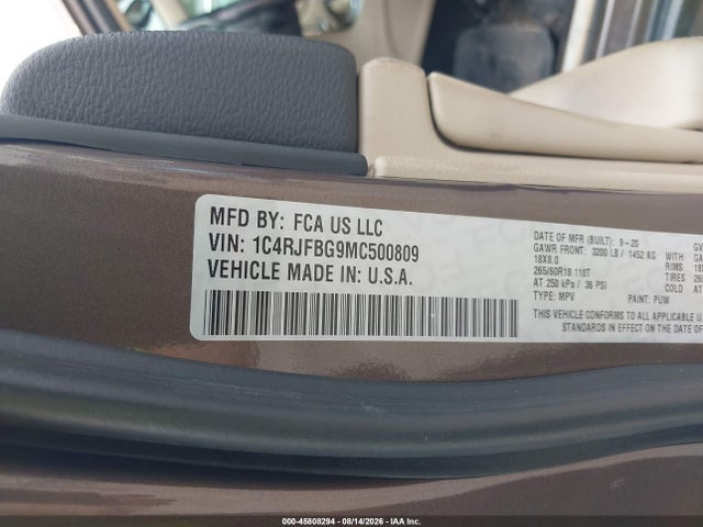 45808294 :رقم المزاد ، 1C4RJFBG9MC500809 vin ، 2021 Jeep Grand Cherokee Limited 4x4 مزاد بيع