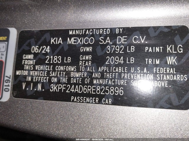 Aukcja sprzedaży 2024 Kia Forte Lxs, vin: 3KPF24AD6RE825896, numer aukcji: 45808297