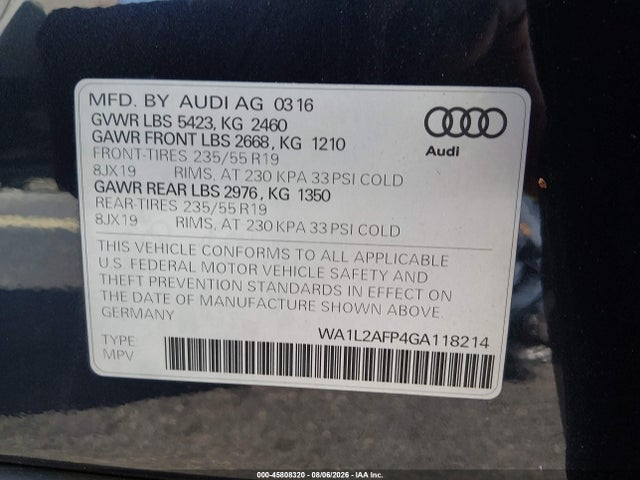Aukcja sprzedaży 2016 Audi Q5 2.0t Premium, vin: WA1L2AFP4GA118214, numer aukcji: 45808320