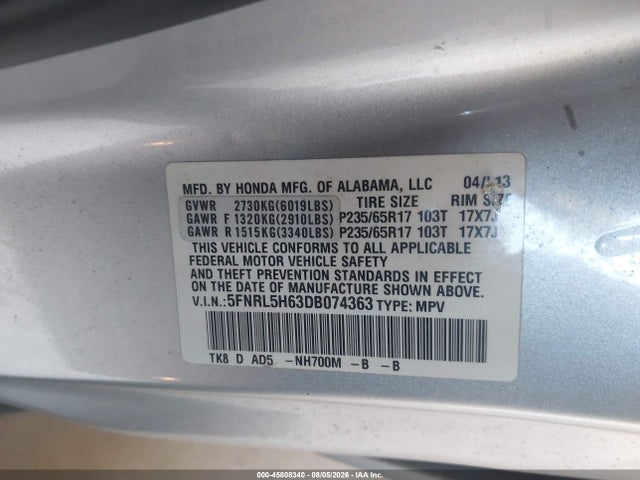 45808340 :رقم المزاد ، 5FNRL5H63DB074363 vin ، 2013 Honda Odyssey Ex-l مزاد بيع