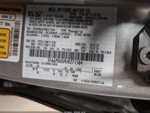 2018 Ford Fusion Hybrid S მანქანა იყიდება აუქციონზე, vin: 3FA6P0UU9JR271584, აუქციონის ნომერი: 45808341