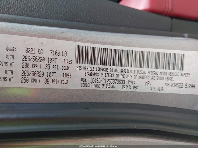 Aukcja sprzedaży 2016 Dodge Durango R/t, vin: 1C4SDHCT2GC373633, numer aukcji: 45808353