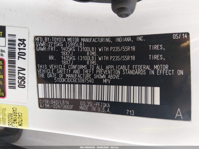 2014 Toyota Sienna Xle 7 Passenger მანქანა იყიდება აუქციონზე, vin: 5TDDK3DC6ES087540, აუქციონის ნომერი: 45808359