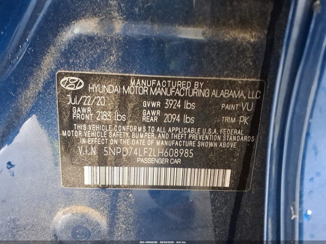 Продажа на аукционе авто 2020 Hyundai Elantra Se, vin: 5NPD74LF2LH608985, номер лота: 45808360