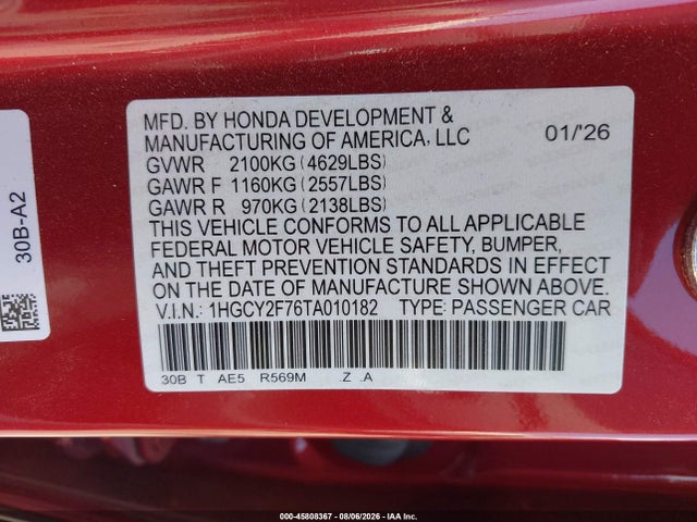 1HGCY2F76TA010182 Honda Accord Hybrid Sport-l