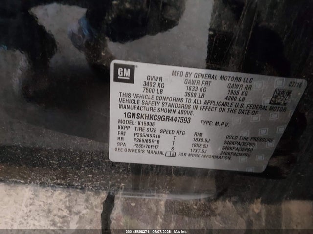2016 Chevrolet Suburban Lt მანქანა იყიდება აუქციონზე, vin: 1GNSKHKC9GR447593, აუქციონის ნომერი: 45808371