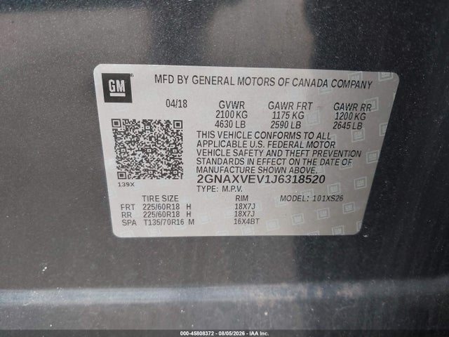 Продаж на аукціоні авто 2018 Chevrolet Equinox Premier, vin: 2GNAXVEV1J6318520, номер лоту: 45808372