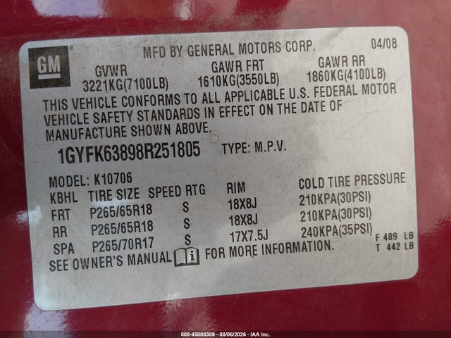 Aukcja sprzedaży 2008 Cadillac Escalade, vin: 1GYFK63898R251805, numer aukcji: 45808389