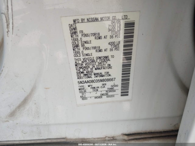 Продажа на аукционе авто 2005 Infiniti Qx56, vin: 5N3AA08C05N808667, номер лота: 45808395