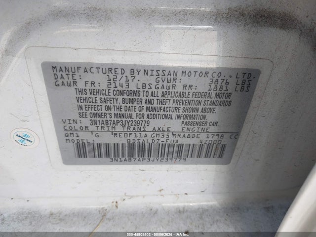 Продаж на аукціоні авто 2018 Nissan Sentra Sv, vin: 3N1AB7AP3JY239779, номер лоту: 45808402