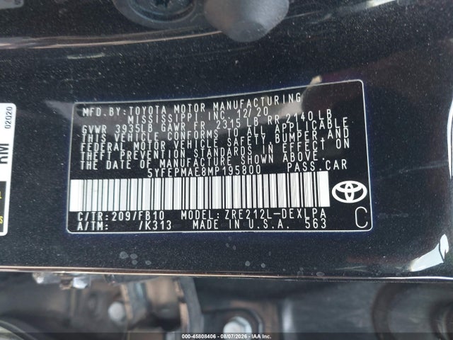 5YFEPMAE8MP195800 Toyota COROLLA LE
