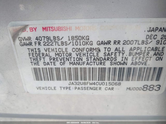 45808409 :رقم المزاد ، JA32U8FW4CU015068 vin ، 2012 Mitsubishi Lancer Gt مزاد بيع