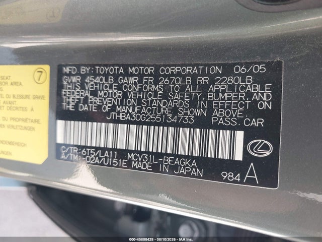 Aukcja sprzedaży 2005 Lexus Es 330, vin: JTHBA30G255134733, numer aukcji: 45808428