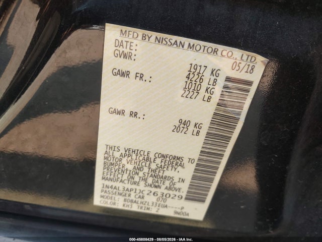 45808429 :رقم المزاد ، 1N4AL3AP1JC263029 vin ، 2018 Nissan Altima 2.5 Sr مزاد بيع
