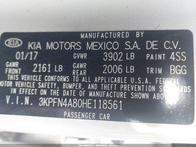 Aukcja sprzedaży 2017 Kia Forte Ex, vin: 3KPFN4A80HE118561, numer aukcji: 45808437