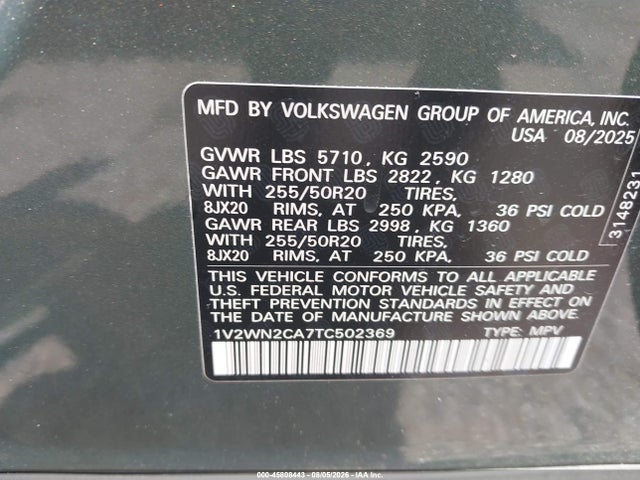 Продажа на аукционе авто 2026 Volkswagen Atlas Se With Technology, vin: 1V2WN2CA7TC502369, номер лота: 45808443
