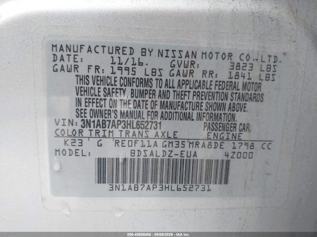 2017 Nissan Sentra Sv მანქანა იყიდება აუქციონზე, vin: 3N1AB7AP3HL652731, აუქციონის ნომერი: 45808450