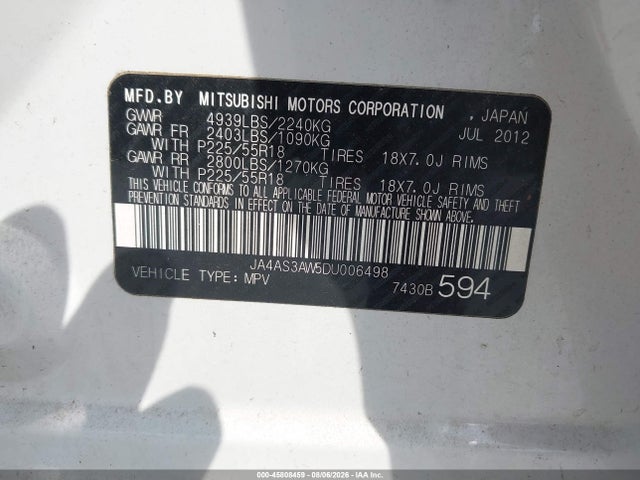 45808459 :رقم المزاد ، JA4AS3AW5DU006498 vin ، 2013 Mitsubishi Outlander Se مزاد بيع