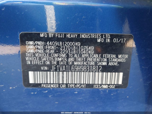 2017 Subaru Wrx Limited მანქანა იყიდება აუქციონზე, vin: JF1VA1L69H9831812, აუქციონის ნომერი: 45808467
