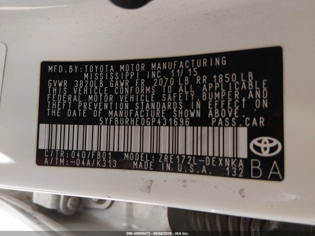 45808473 :رقم المزاد ، 5YFBURHE0GP431696 vin ، 2016 Toyota Corolla Le مزاد بيع